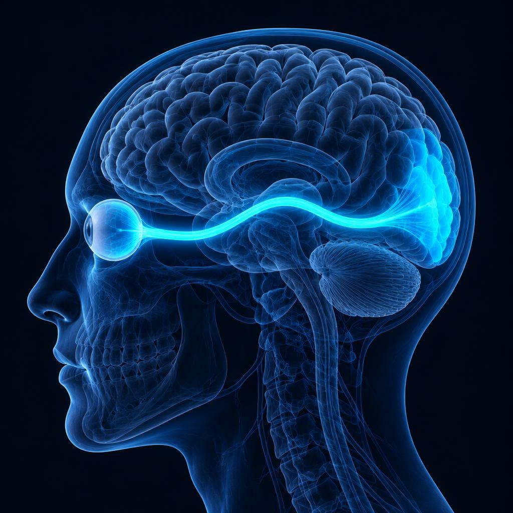Cerveau en 3D avec le nerf optique lumineux